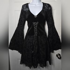 Velvet Gothic Dress W Bat & Flare Sleeves L